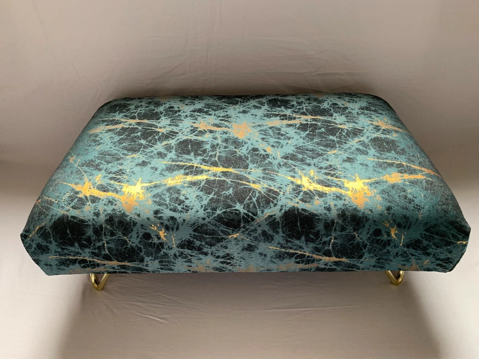 Gold and navy upholstered footstool with gold Hairpin Leg Company legs - Image 4 of 4