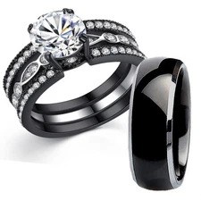 His & Hers Titanium Black Stainless Steel Wedding Engagement Ring Band Set