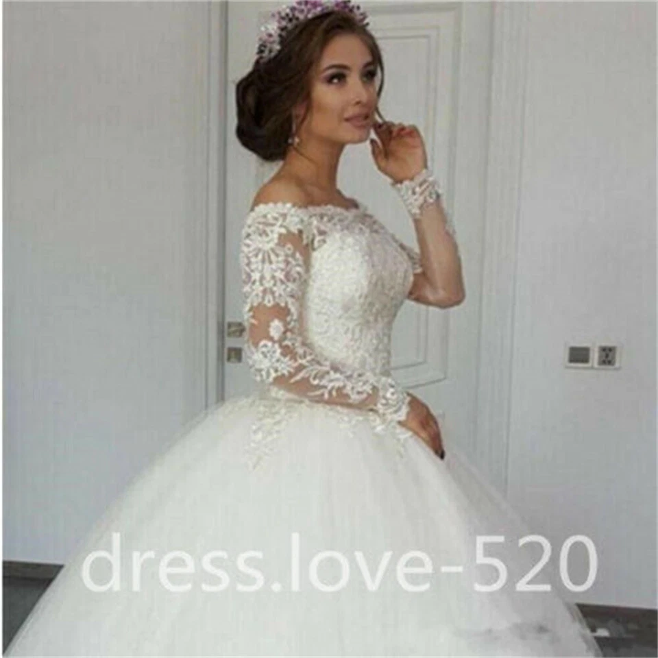 Vestidos de novia románticos mangas largas fuera del hombro encaje princesa vestidos de novia Foto 2 de 4