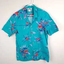 Paradise Found Shirt Men Large Teal Blue Floral Hawaii Button Up Pocket Vintage