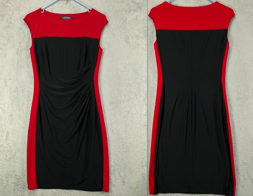 Lauren Ralph Lauren LRL Damen schwarzes Kleid gerafft roter Besatz Größe 4 Flügelärmel
