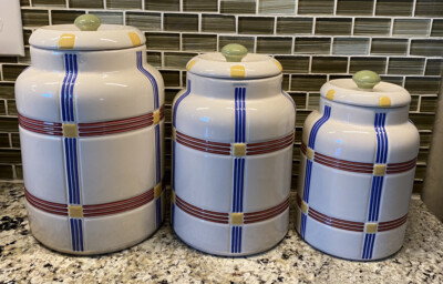 Longaberger pottery canister set multi plaid set of