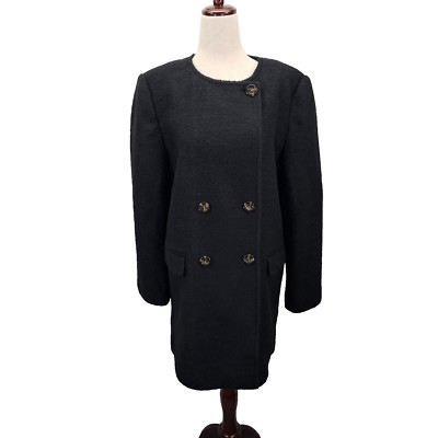 NWT Ann Taylor $228 Black Wool Blend Crew Neck Double Breasted Coat Size Medium