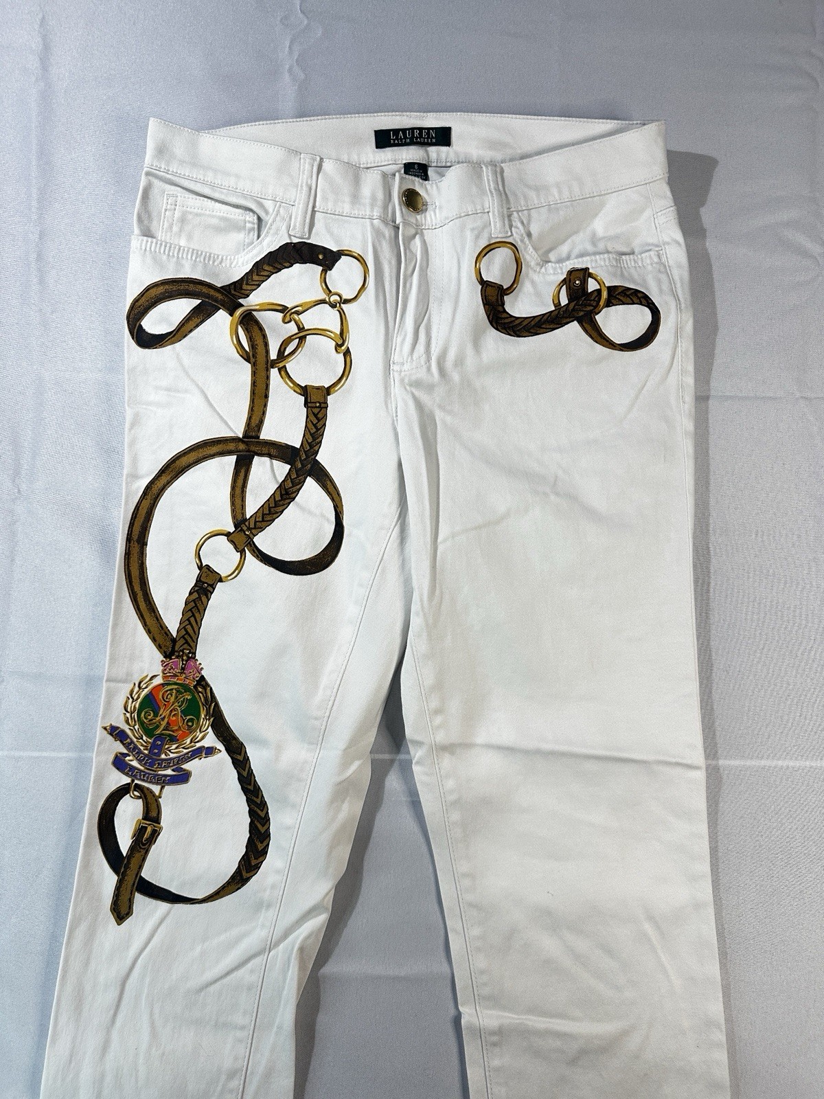 Lauren Ralph Lauren Women’s White Pants Size 6 Rare Belt Crest Polo