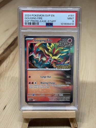 Pokemon Surging Sparks Gouging Fire SVP 151 Prerelease Promo Staff Card PSA 9