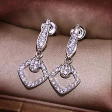 14K White Gold Plated In 1.20Ct Round Simulated Diamond Drop Push Back Earring