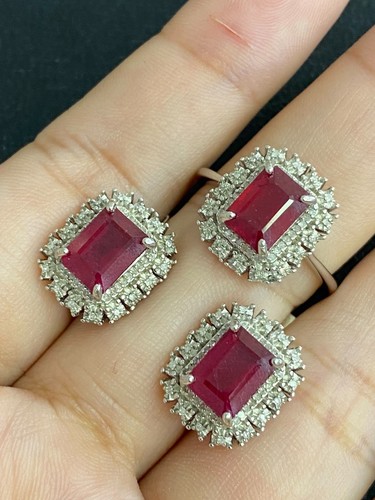 NATURAL RUBY 9X7 NATURAL DIAMOND STERLING SILVER 925 RING EARRING - 第 2/13 張圖片