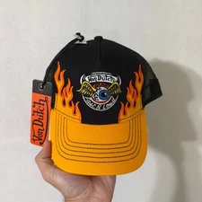 Von Dutch Trucker Hat Flame Eye Ball Fast & Loud Black Yellow Mesh Snapback Y2K