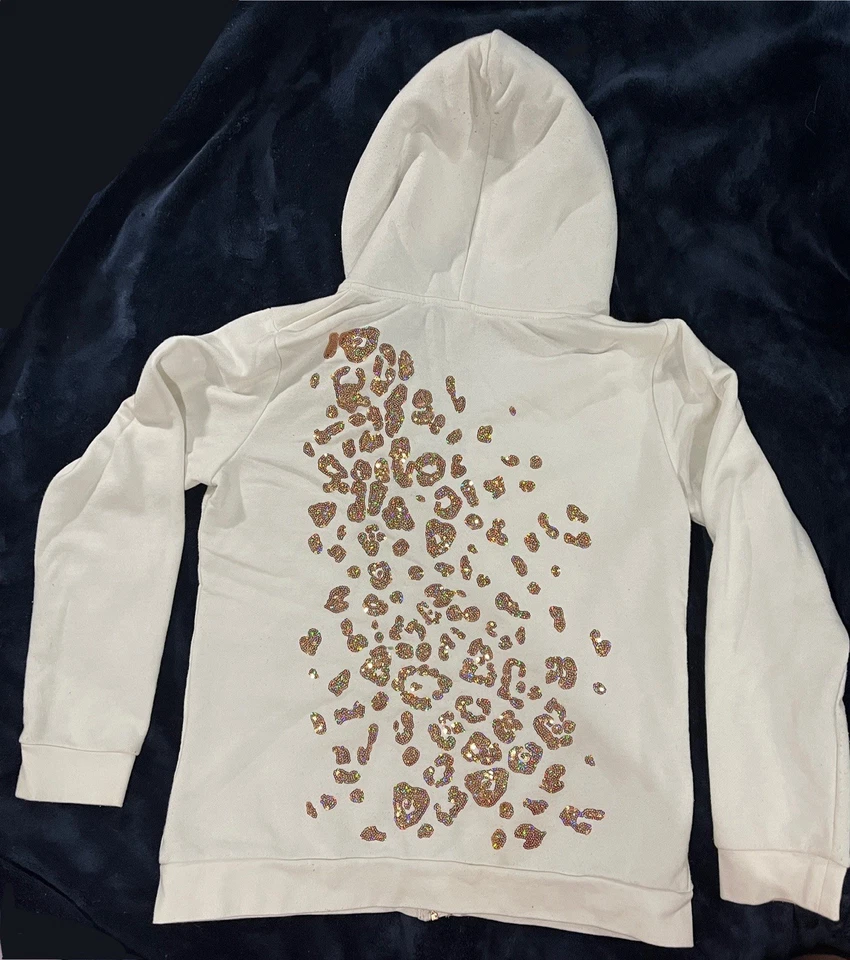 Sudadera con capucha blanca vintage con estampado de leopardo y lentejuelas Juicy Couture Y2K. Grande Foto 3 de 4