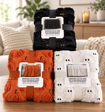 NWT Costco Halloween Faux Fur Throw Blanket Lot of 3 Ghost Cat Pumpkin