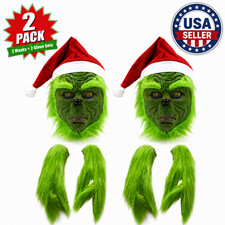 2 x The Grinch Latex Mask Hat Full Head Adult Cosplay Costume with Furry Gloves