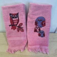 Vintage Set of 2 Owl Hand Towels, USA Royal Terry /Sayco PINK