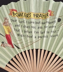 Bowling Fan; woman bowler praying on knees; poem; MAFCO; wood spokes; no tears