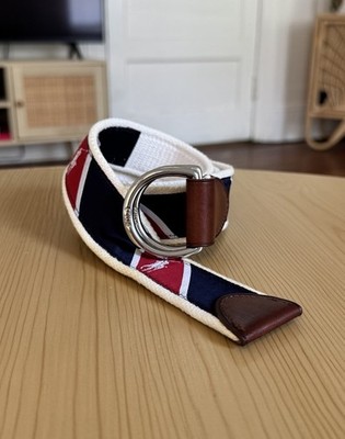 Vtg Polo by Ralph Lauren D-Ring Red Blue Fabric Leather Belt Men's