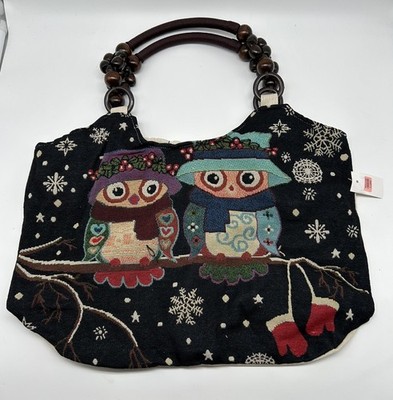 HANDBAG OWL BLACK BAG VINTAGE  HOBO WINTER SNOW LADIES CARPET TAPESTRY PURSE
