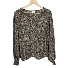 Cabi Floral Green and Black Balloon Long Sleeve Blouse Top Size Medium
