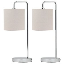 Set of 2 Modern Chrome Arched 46cm Table Lamp Bedside Lights Natural Linen Shade
