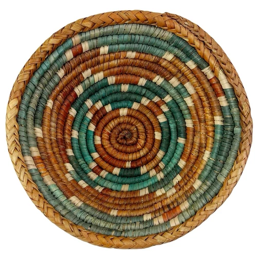 Vintage Woven Coil Basket Palm Leaf Teal Burnt Orange Boho Southwestern 6" x 3"