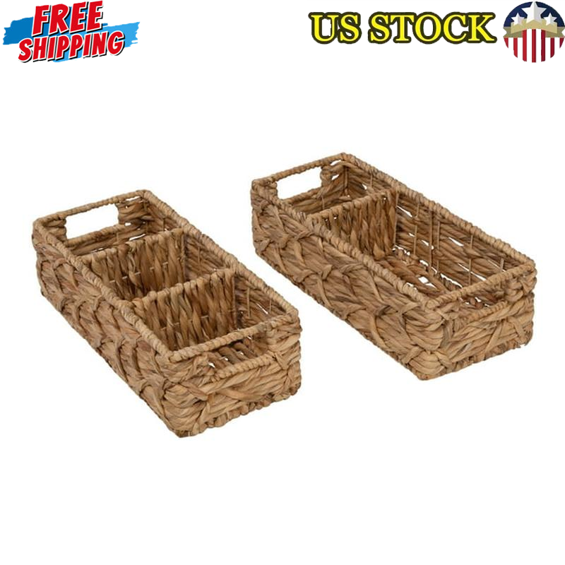 Wicker Storage Baskets Set of 2 Natural Hyacinth W/ Dividers Organization New-image