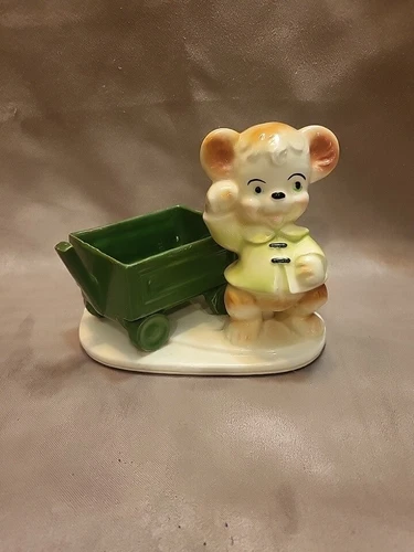 Vintage Shawnee Pottery Anthropomorphic Bear Cub With Wagon Planter Figurine
