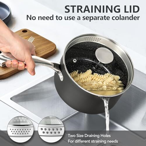 Casseruola 3 Quart con Coperchio, Padella Antiaderente Anodizzata Rigida con Colino 3 QT - Foto 5 di 7