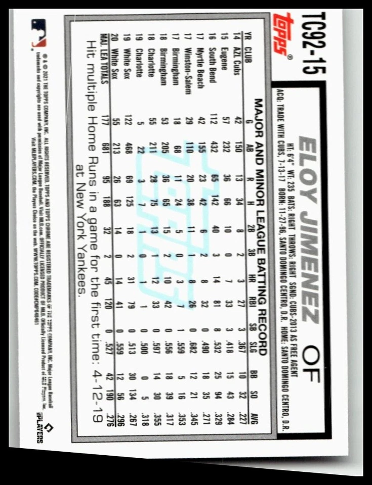 2021 Topps Update 1992 Topps Redux Chrome #TC92-15 Eloy Jimenez White Sox - Image 2 of 2