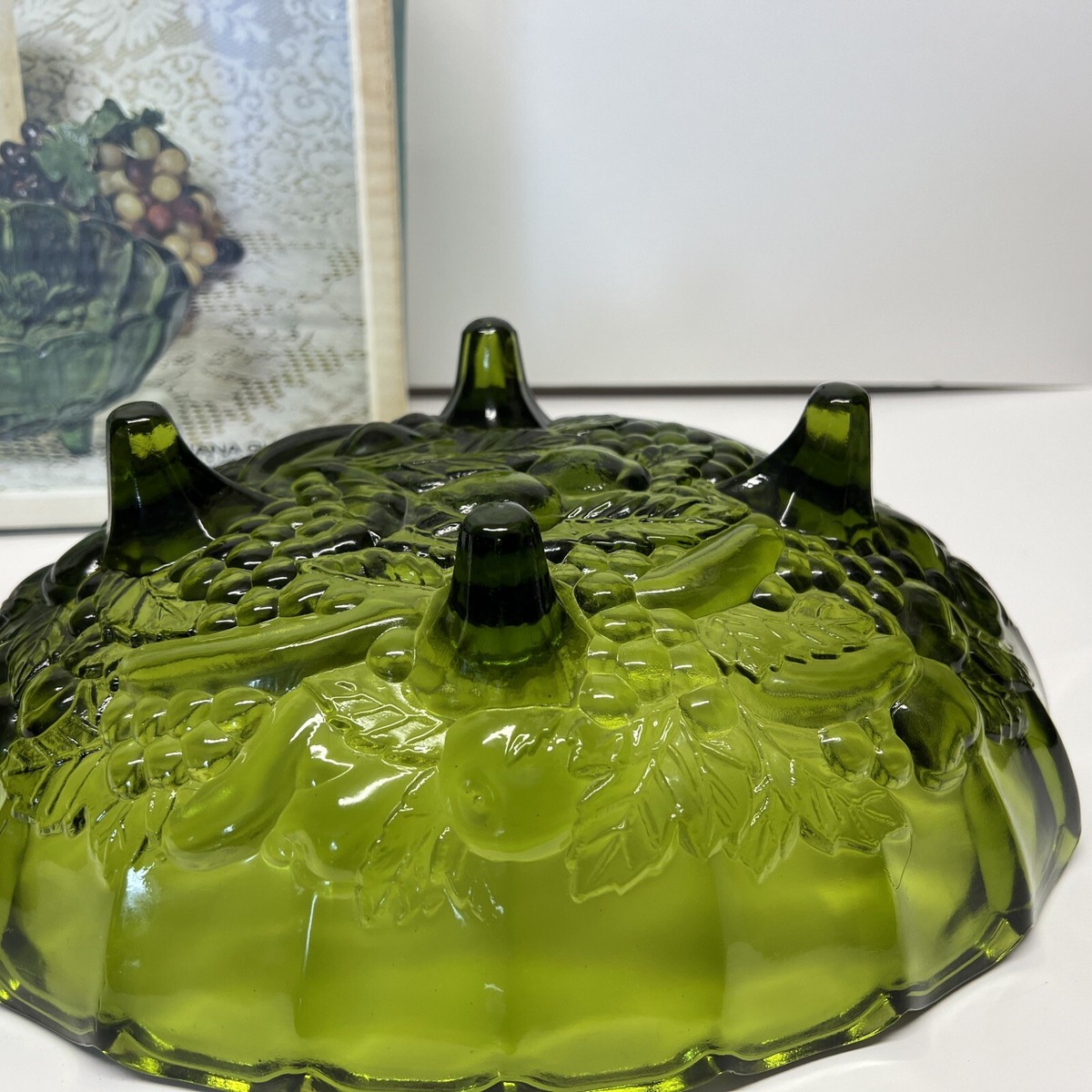 Indiana Glass Oval Center Bowl 1346 Olive Green Footed Grape with