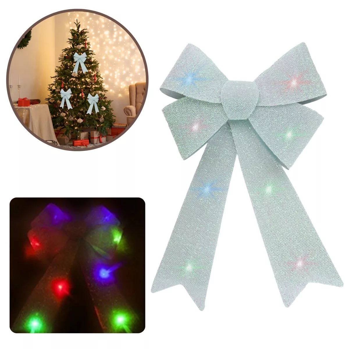 Battery Operated 43cm White Light Up LED Glitter Bow Xmas Welcome Decoration