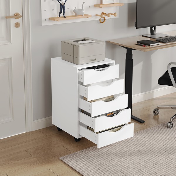 Woltu Aktenschrank 5 Schubladen 5 Rollen Mobiler Rollcontainer BüRoschrank Weiß-image