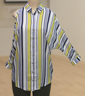 Papillon Button Up Tunic 3/4 Sleeve Cold Shoulder Stripes Multicolor Sheer Small