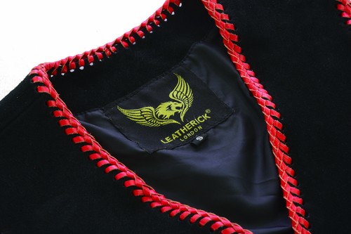 Mens Real Leather Suede Leather Vest Red Braided Black Motorcycle Clothing AUS - Picture 7 of 12