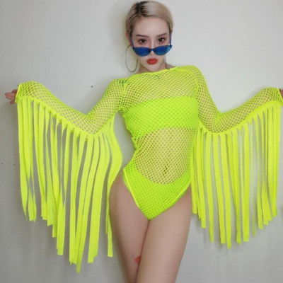 Dance Costume Green Tassel Jumpsuit Nightclub Dancer Stage Hip Hop Rave Bodysuit