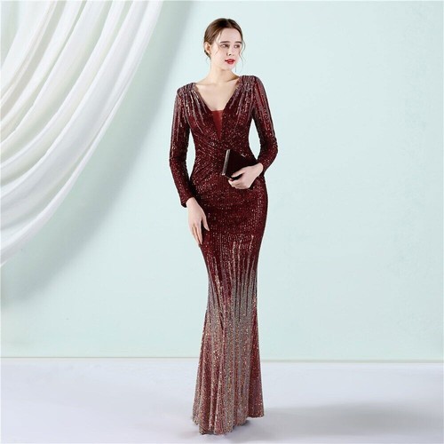 Stretch Gold Sequined Maxi Dress Full Sleeve VNeck Evening Long Party Prom Dress - Picture 22 of 29