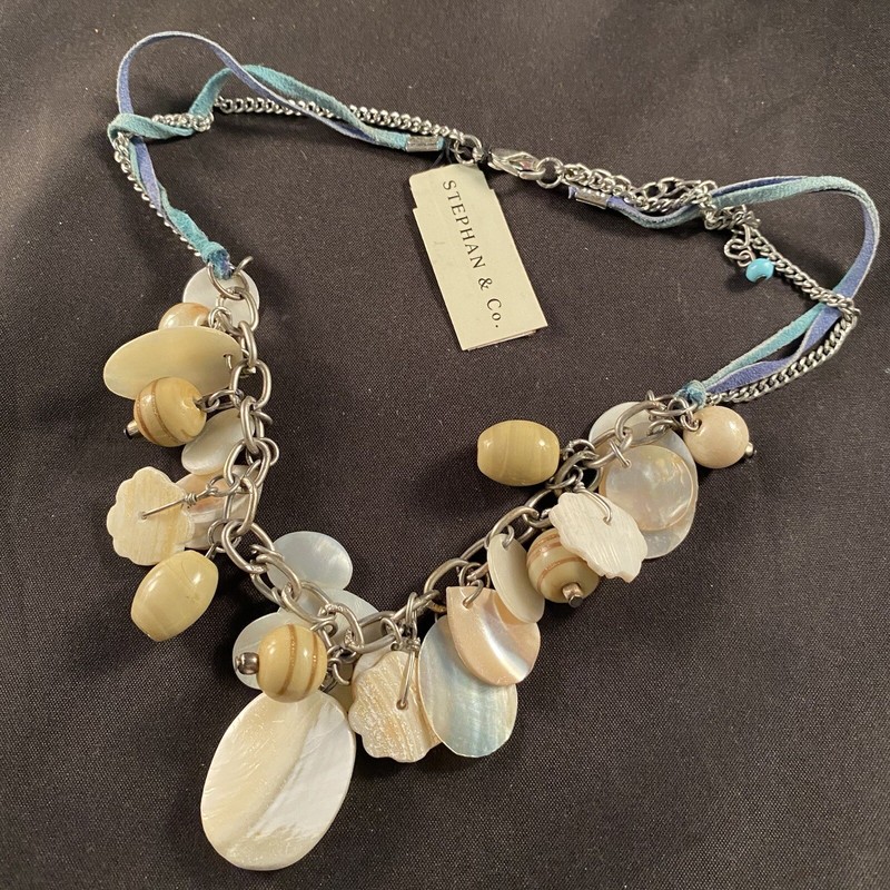 Stephen & Co. Blue Leather Chain Necklace Abalone Shells Beads New With Tags