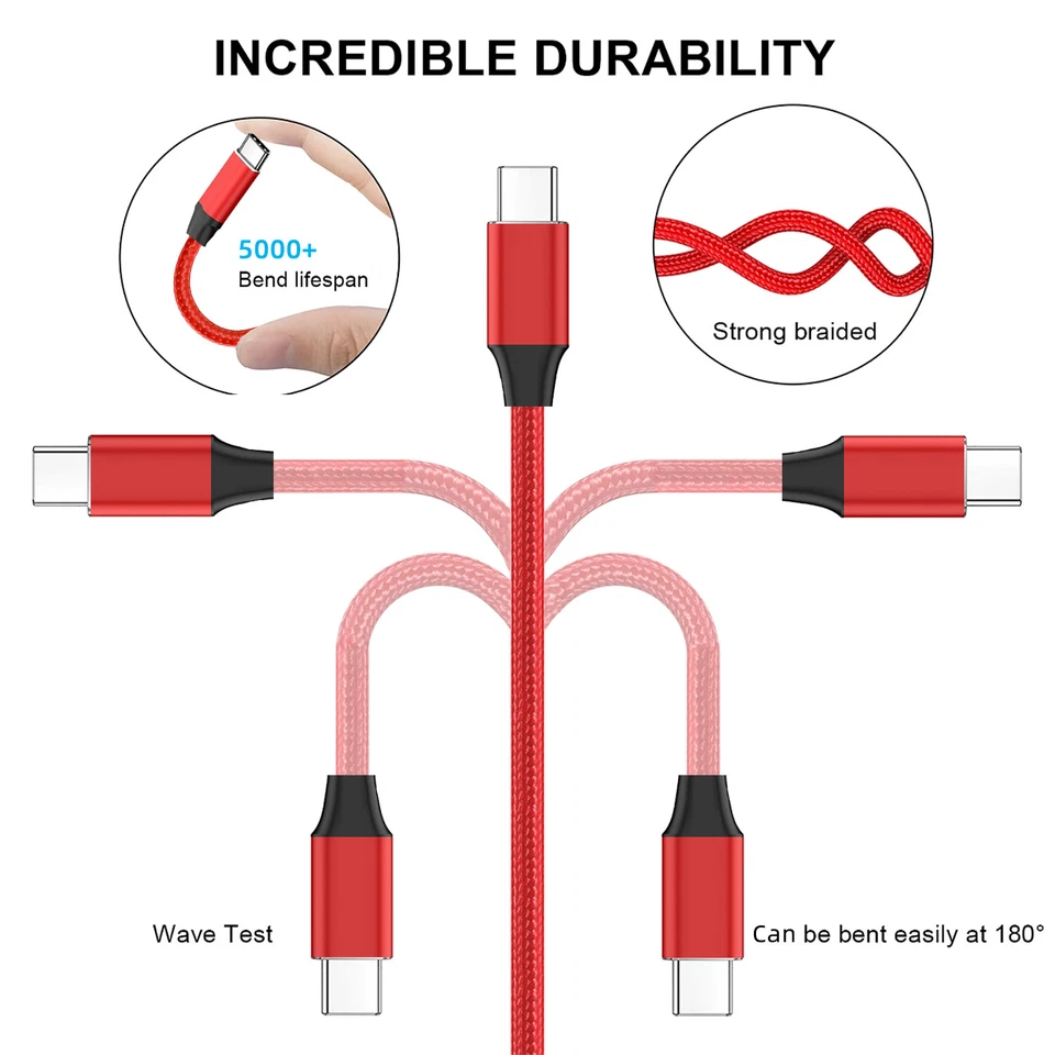 2 件装编织 USB C Type-C 电缆线 60W 3A 快速充电数据同步 6 英尺美国发货 — 第 4/4 张图片