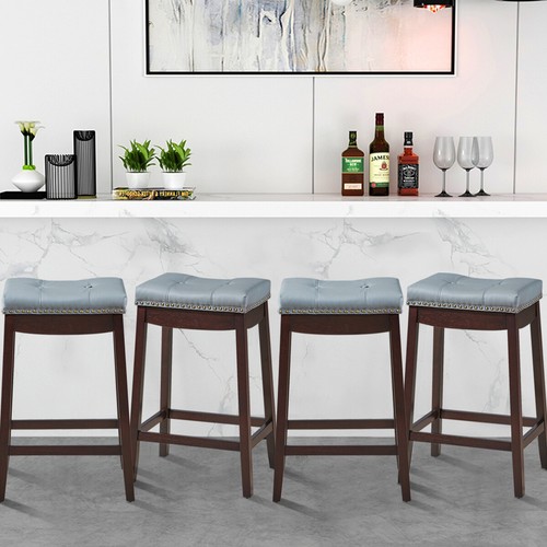 Giantex 2PCS Saddle Bar Stools Nailhead Pub Counter Stool Rubber Wood Legs 64CM - Picture 10 of 24