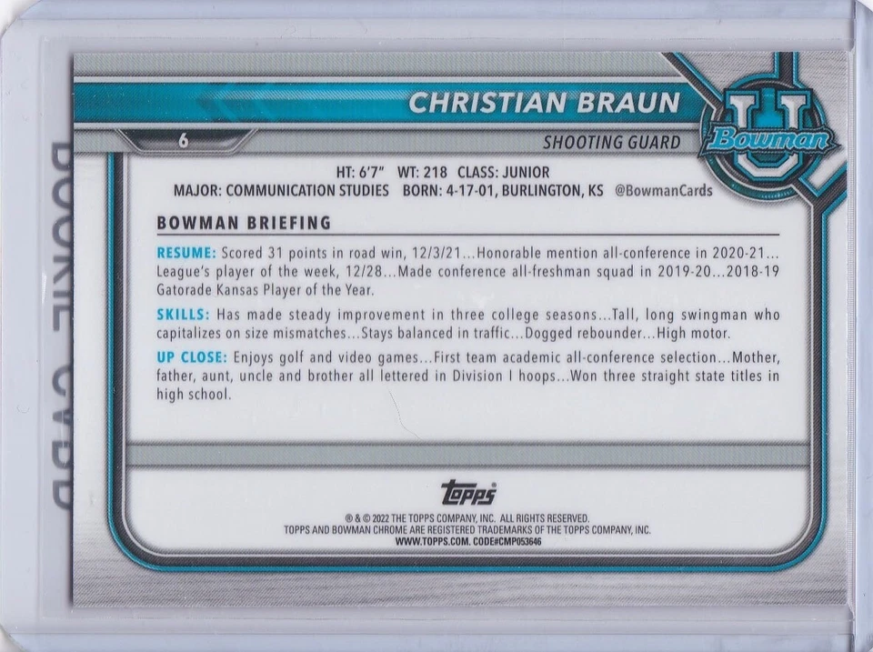 CHRISTIAN BRAUN ROOKIE CARD 2022 Bowman Chrome RARE PINK REFRACTOR Nuggets RC! - Image 2 of 2