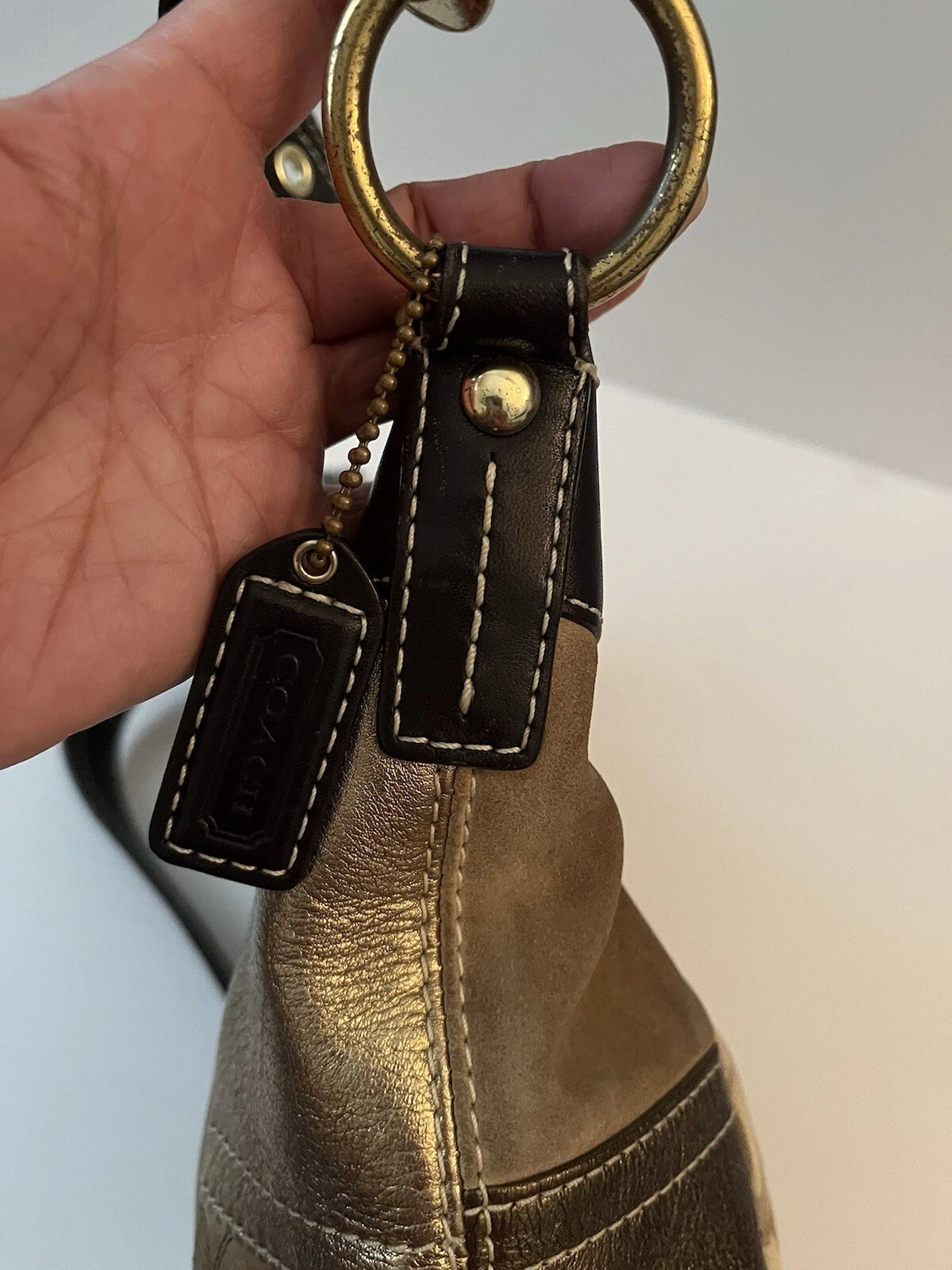 Borsa a tracolla e portafoglio vintage Coach monogramma patchwork marrone pelle scamosciata oro pelle scamosciata