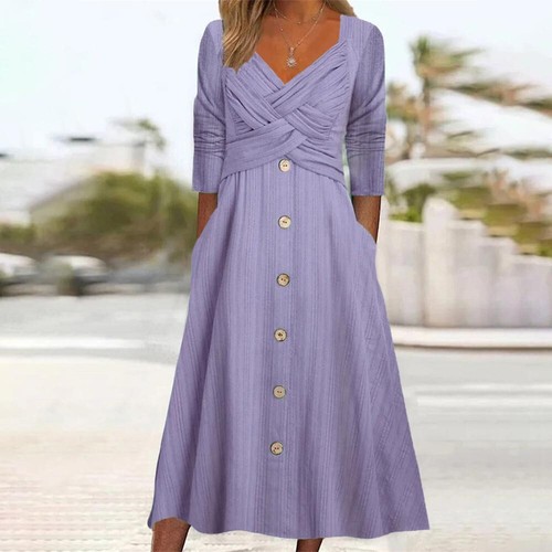 Womens V Neck Button Dress Ladies Summer Long Sleeve Casual Holiday Dresses SIZE - Picture 10 of 11