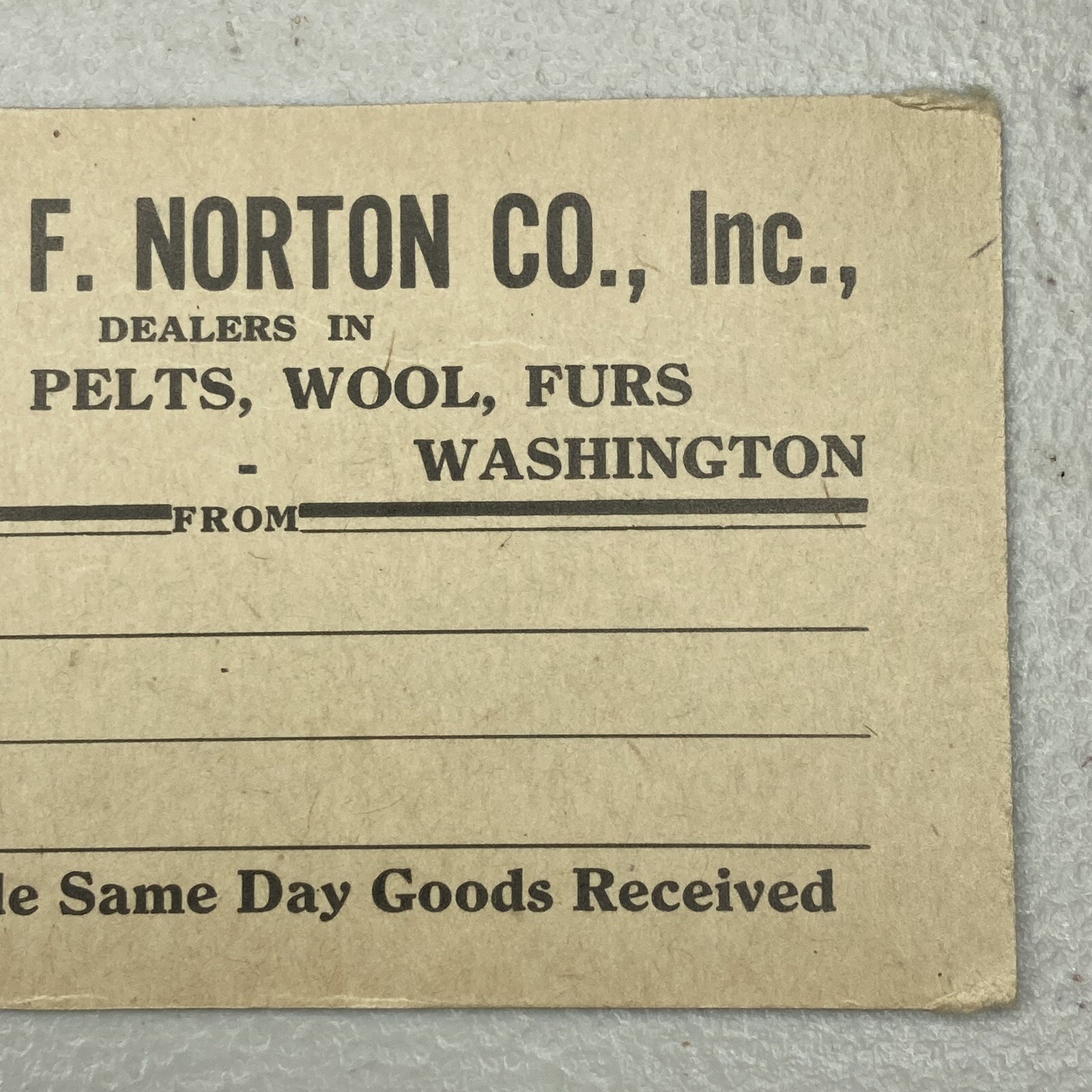 Vintage H.F. Norton Co Seattle Washington Raw Hides Furs Shipping Hang Tag Card 