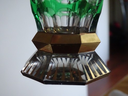 VERRE BIERE EAU CRISTAL BOHEME DOUBLER COLORER VERT OVERLAY DORURE - Picture 4 of 10