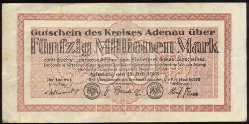 [9853] - 1 x NOTGELD ADENAU, KREIS: 50 MILLIONEN MARK vom 15.07.1923, Keller 13c