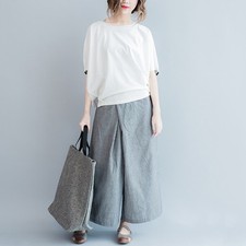 Ladies Wide Leg Pants Baggy Casual Oversize Trousers Culottes Linen Cotton Strip