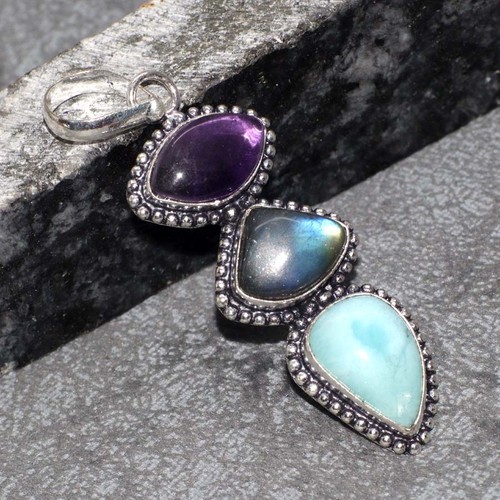 Langer feuriger Labradorit Larimar 925 Silber vergoldet Handarbeit Anhänger 2,3" GW
