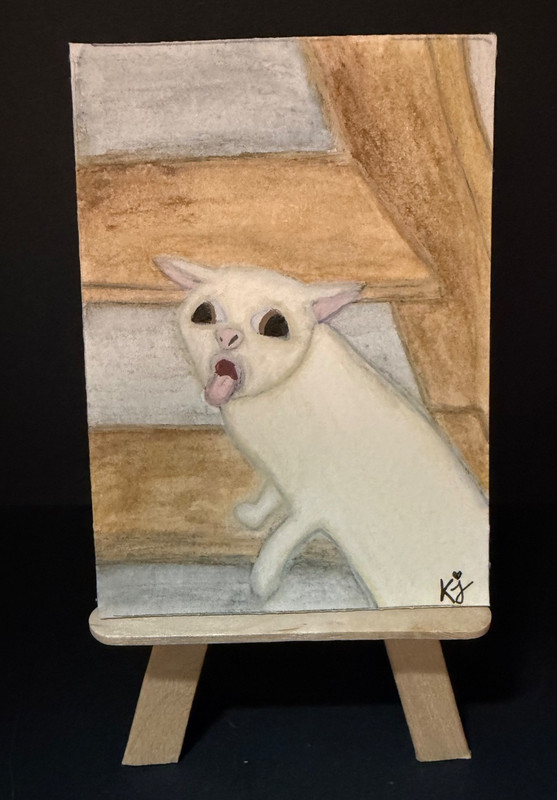 Original ACEO Watercolor Acrylic Meme Coughing Gagging Cat- wanderingfromreality