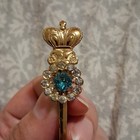 Coro Vintage Gold Tone Spoon Crown Brooch Pin, Blue Clear Rhinestone Cluster, — photo 2