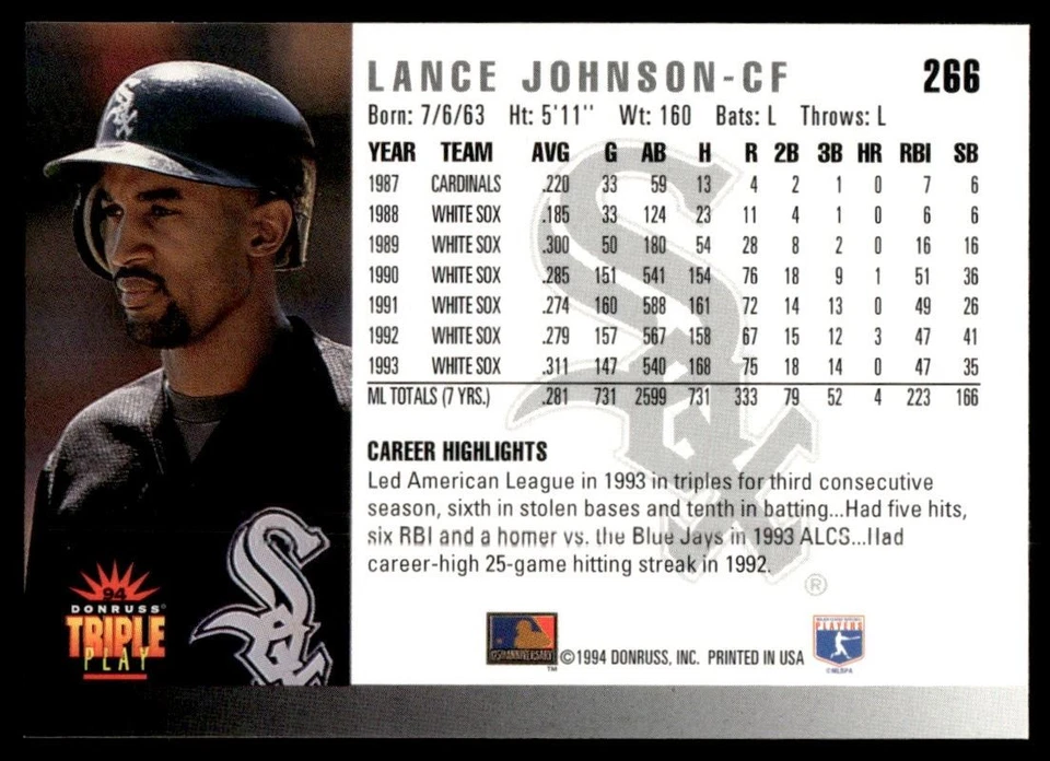 1994 Triple Play Lance Johnson Chicago White Sox #266 - Image 2 of 2