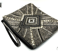 Vintage Black Silver beaded clutch purse evening Art Deco