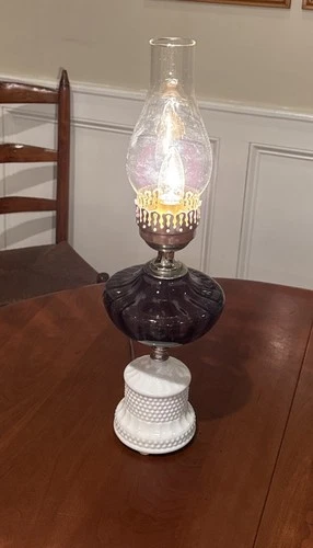 Large Hobnail Vintage Milk & Amethyst Glass Hurricane Lamp