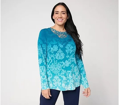 Susan Graver Regular Printed Liquid Knit Top with Lace Applique NWT A680500